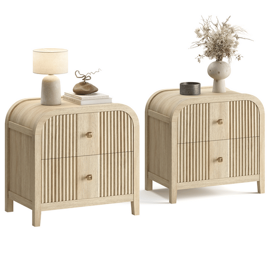 [Pre-Sale] 23.9" Natural Wood 2-Drawer Nightstand with Fluted Front,Set of 2