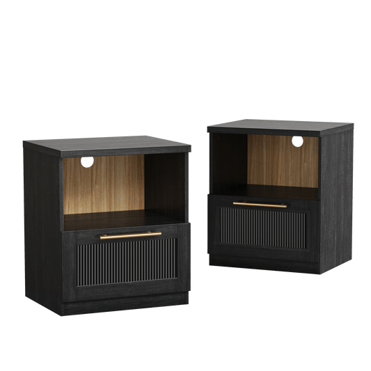 Harmo Block Black Wave-Panel Nightstand,set of 2