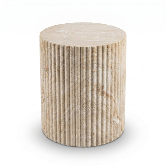 [Pre-Sale] Fluted Drum Round Side Table - Beige Travertine-Look Finish
