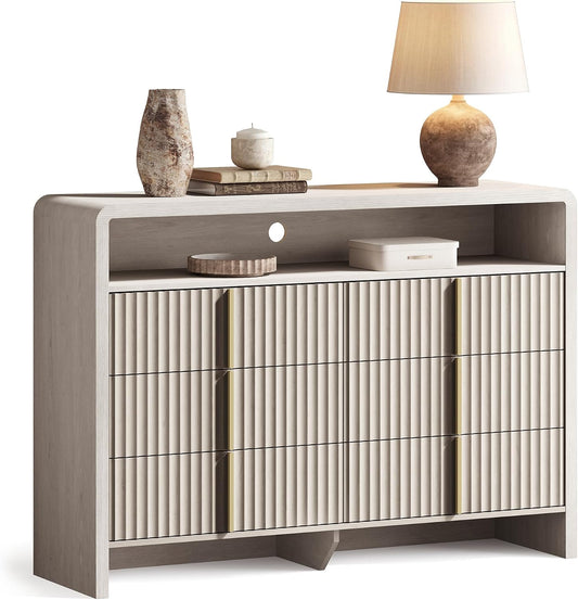 Caly 53.2" White Alder Finish Fluted 6 Drawer Dresser with Open Shelf