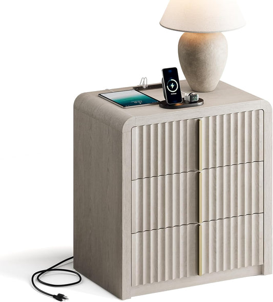 Caly 23.6" White Alder Finish Fluted Modern Nightstand Bedside Table