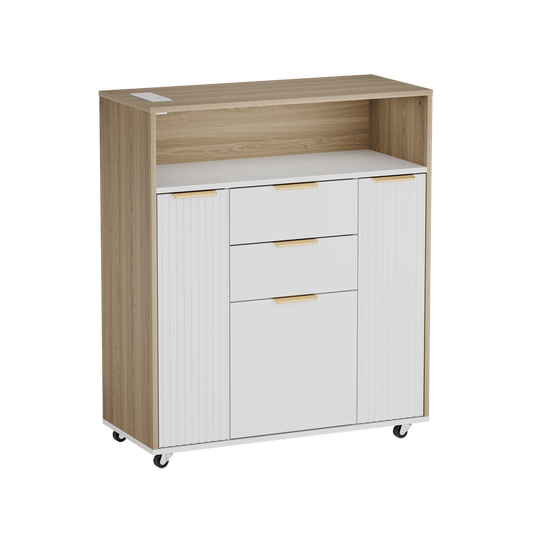 37" Fluted Storage Cabinet Rolling Sideboard Buffet Light Walnut