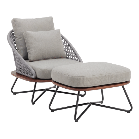 Amalfi 33" Outdoor Woven Rope Lounge Chair & Ottoman Set with Solid Teak Base