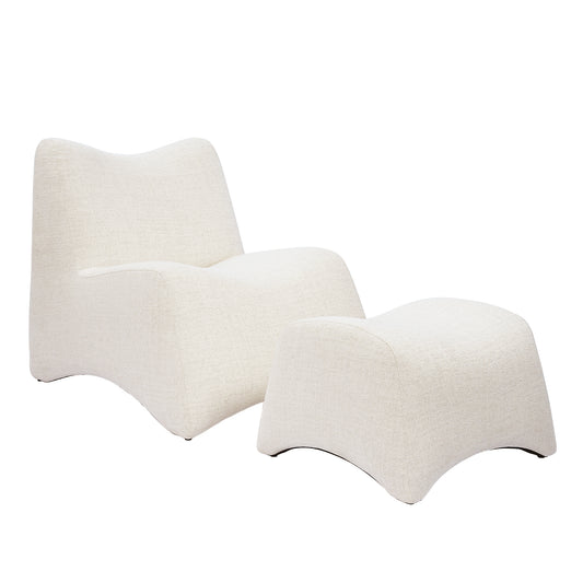 Curved Lounge Chair with Ottoman Set - Ivory Boucle Accent Chair, 30.5" Wide