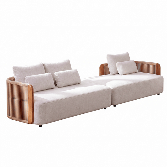 Mesa 124.4" Outdoor Wood Accent Woven Rope Sectional Sofa, 2 Separable Modules
