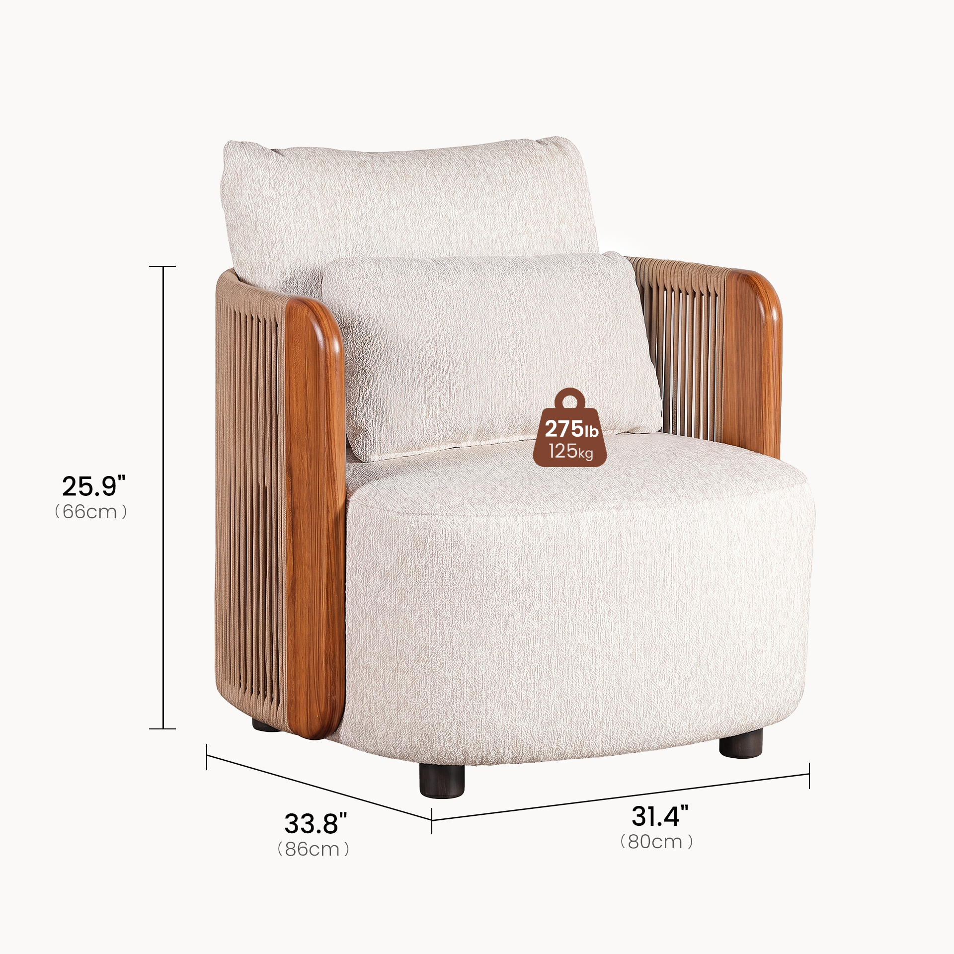 [Pre-Sale] Mesa Wood-Look & Woven Rope Outdoor Lounge Chair - Dimensions