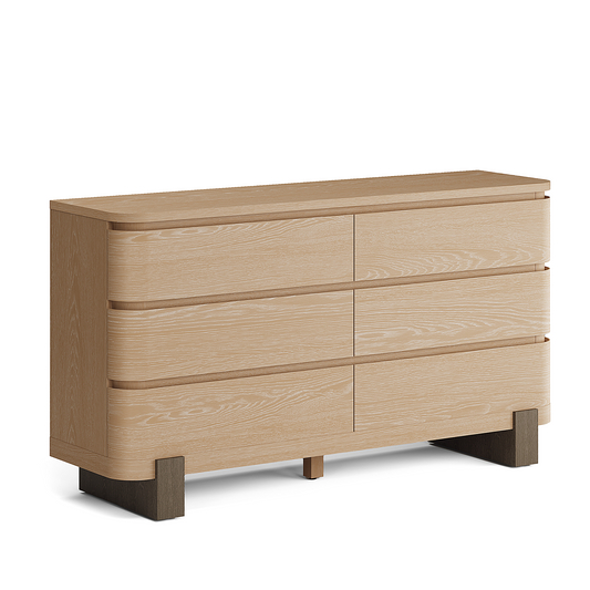 55.9 Inch 6 Drawer Dresser for Bedroom Chest of Drawers with Handleless Smooth Glide Drawers Natural Oak