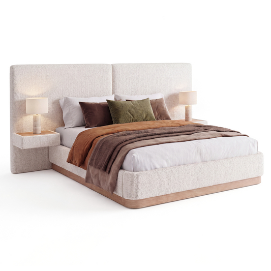 Queen Curved High-Panel Bed with Floating Nightstands, Wood Grain PU Leather