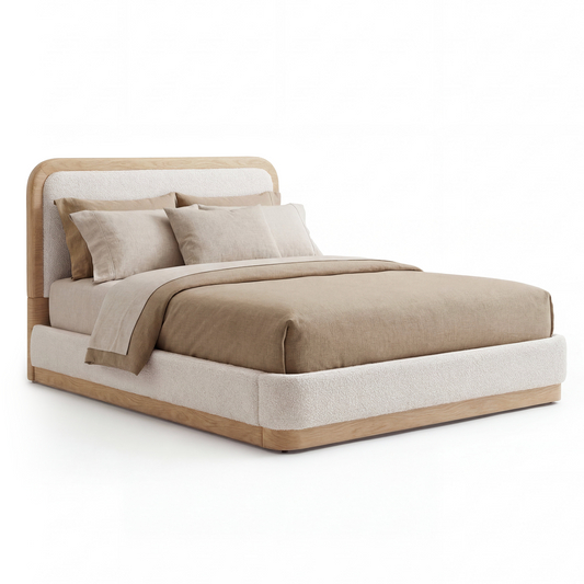Queen Upholstered Bed Frame with PU Leather Headboard – Beige