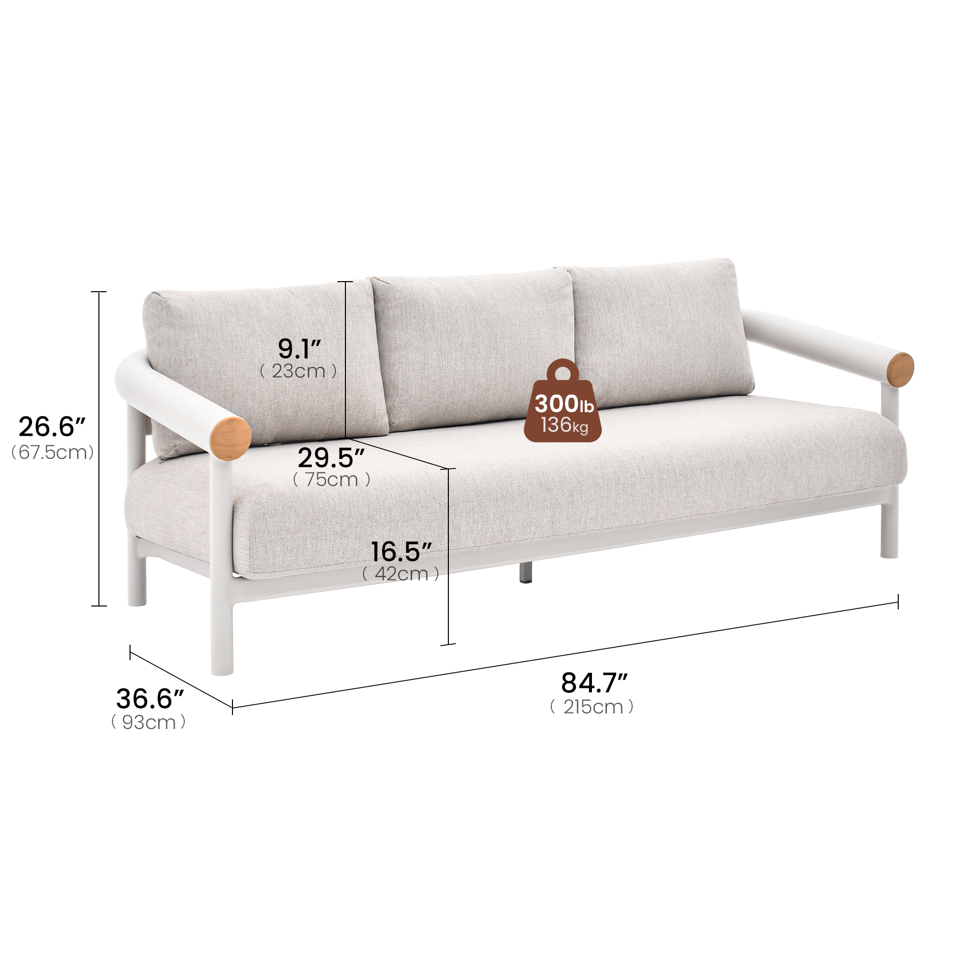 [Pre-Sale] Round Tube Outdoor Sofa - 3-Seater - Dimensions