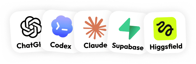 AI tools: ChatGPT, Codex, Claude, Supabase, Higgsfield