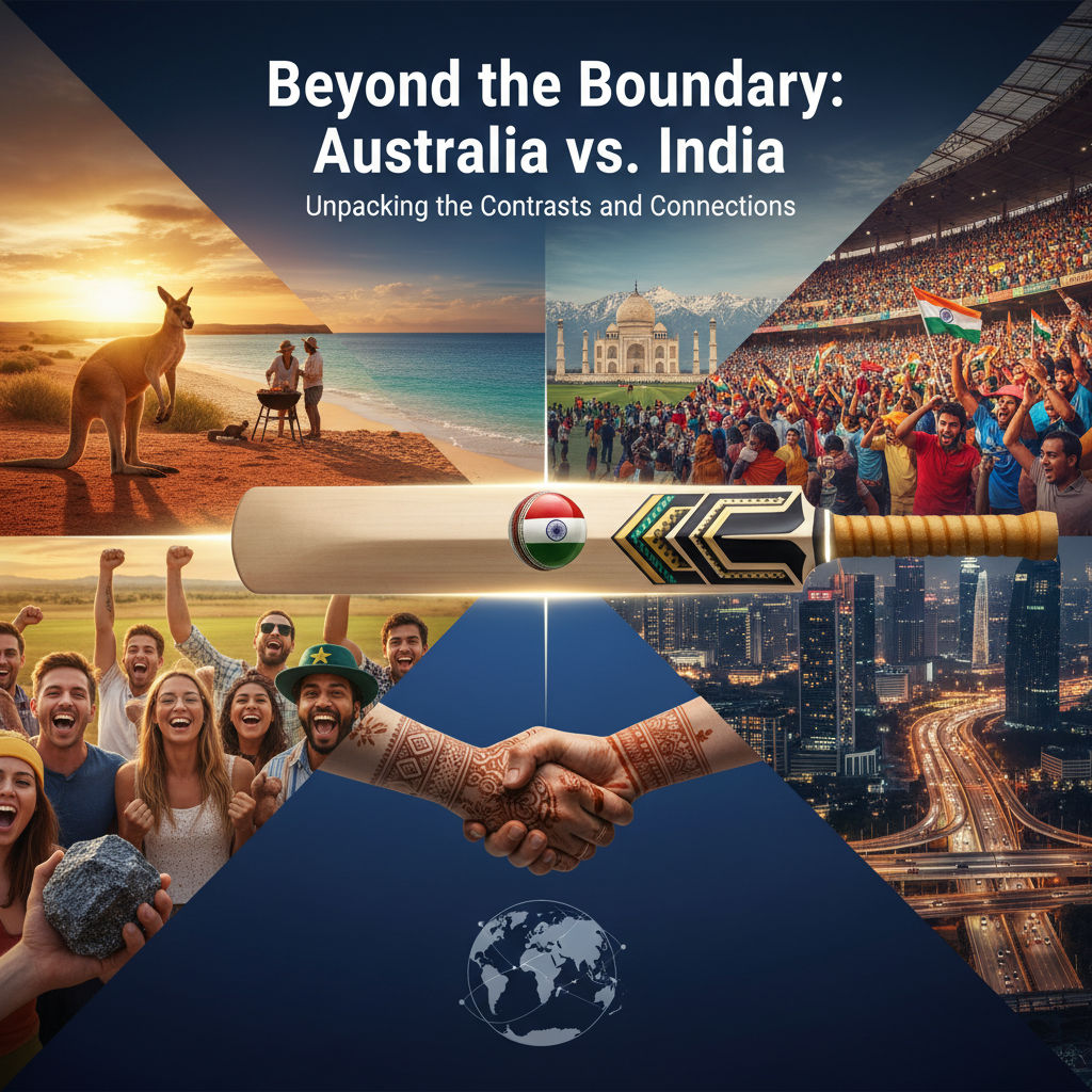 A vibrant collage depicting iconic Australian and Indian landmarks and cultural symbols, subtly blending together to represent connection and contrast.