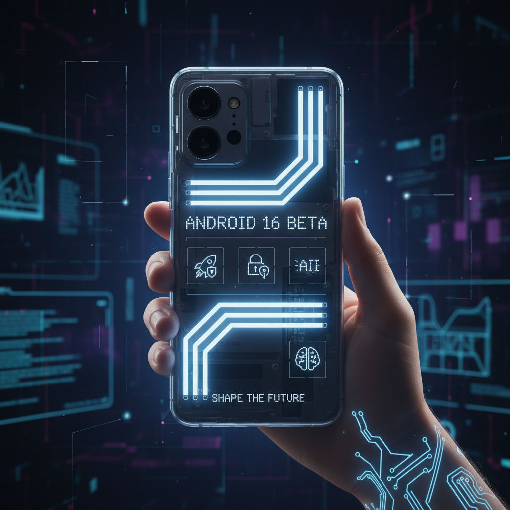 A stylized image showing a Nothing Phone (3a) with a translucent back, highlighting the Glyph Interface, hinting at an Android 16 beta software preview.