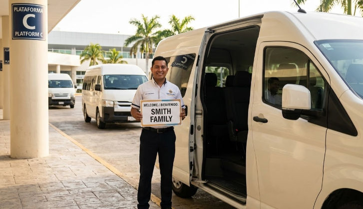 Instructional map of Cancun Airport showing the exact meeting point for Taxi Shuttle Cancun drivers at terminals 2, 3, and 4.