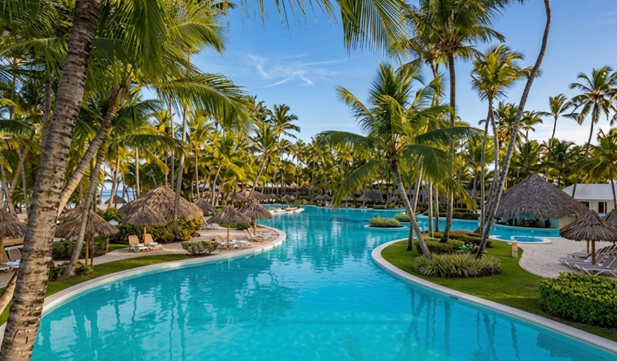 Beautiful tropical swimming pool surrounded by palm trees and palapas at Meliá Punta Cana Beach Resort