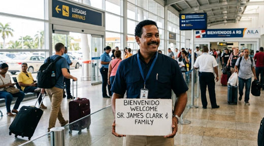 Chofer de Taxi Dominicana esperando con cartel en el aeropuerto de Punta Cana