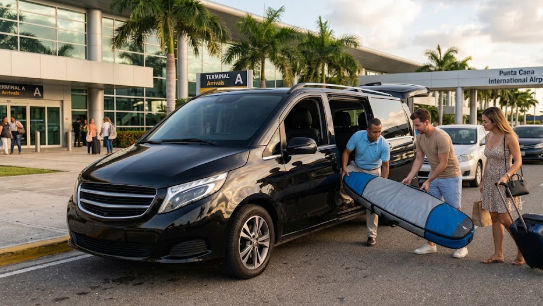 Espacio amplio en minivan para equipaje y tabla de surf en Punta Cana