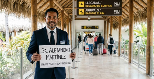 Taxi Dominicana driver holding a personalized name sign at La Romana cruise port