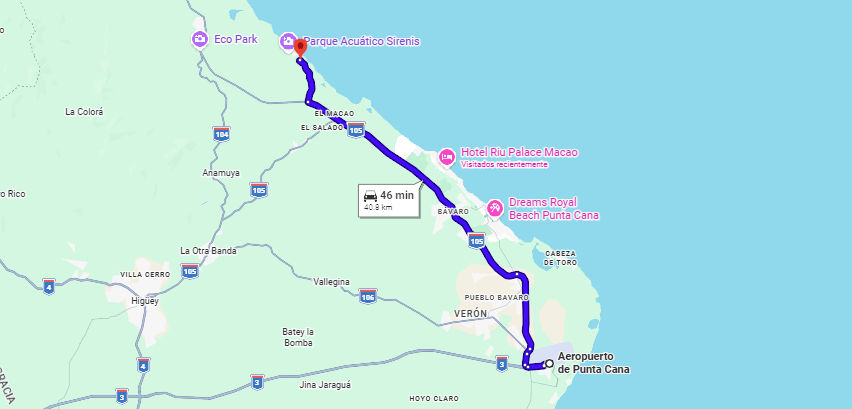 Distance and route punta cana airport taxi to uvero alto