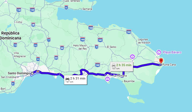 Route from Santo Domingo to Punta Cana International Airport PUJ