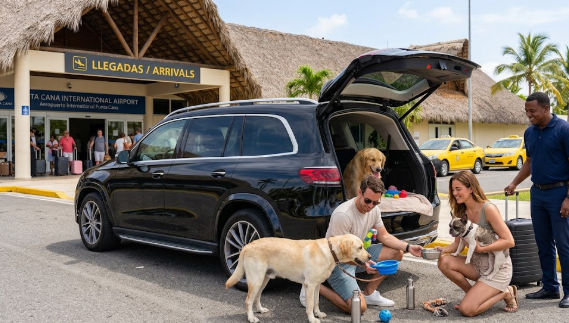 Pet hydration and preparation before boarding airport taxi in Punta Cana