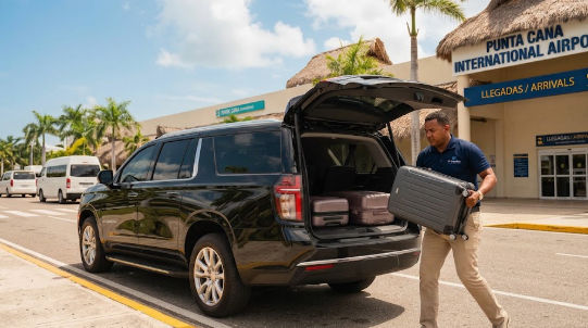 Taxi Dominicana driver assisting with luggage during a private transfer
