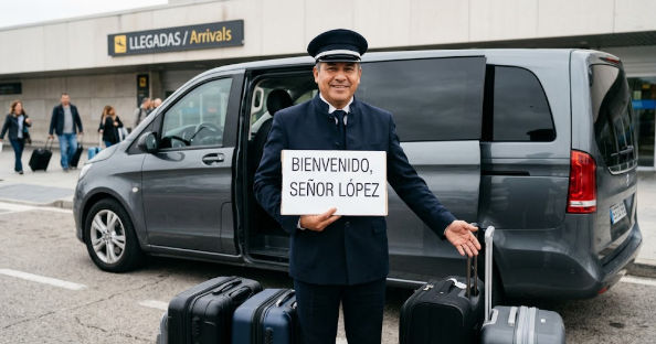 Chofer privado esperando con cartel en el aeropuerto