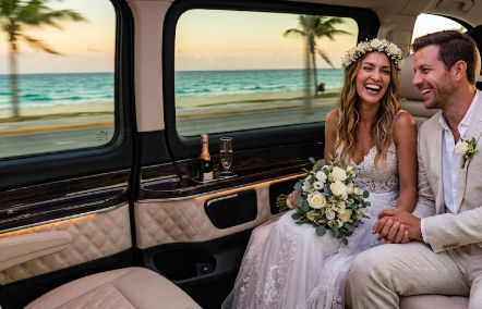 Novios viajando sin preocupaciones en vehículo climatizado de transporte privado para bodas