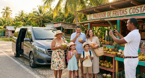 Parada para comprar aperitivos en viaje familiar a dominicana transporte privado