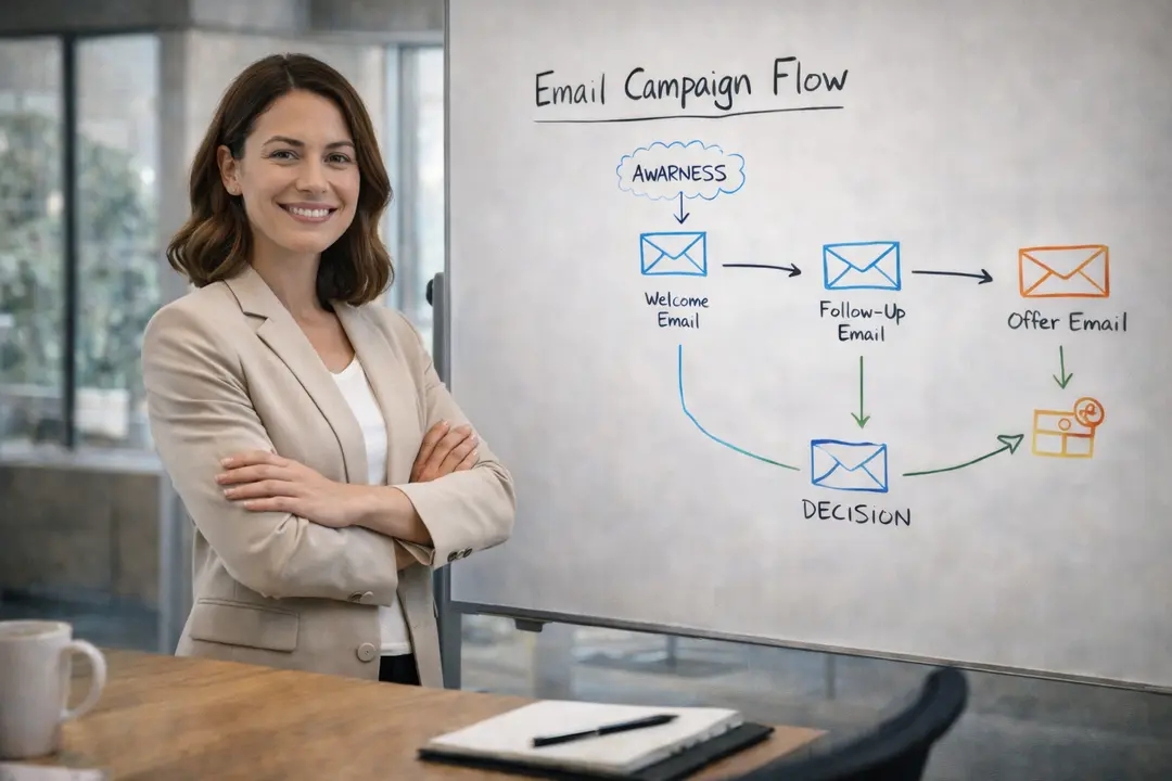 "Marketing professional presenting a B2B email campaign flow diagram on whiteboard showing awareness to decision stages in 2026"