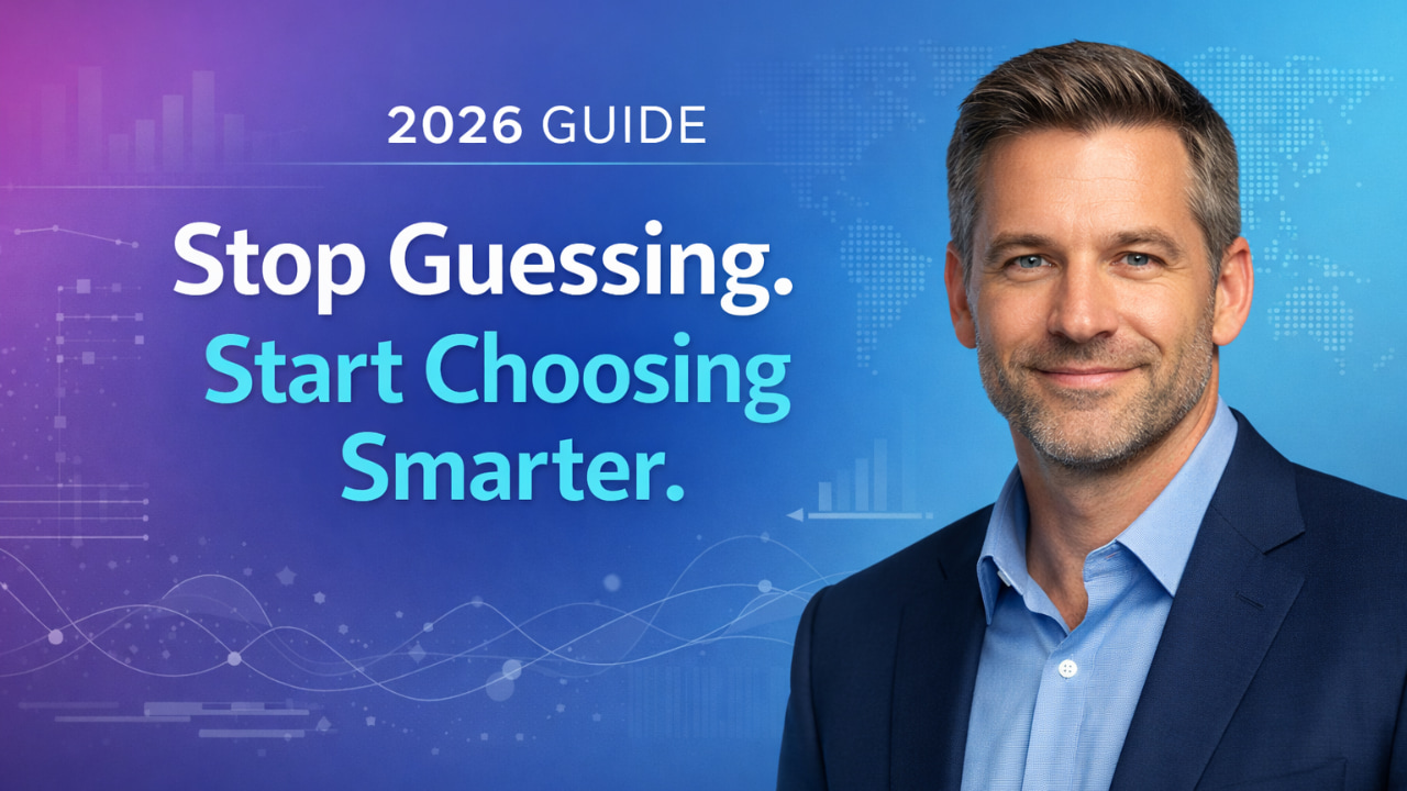 Business professional presenting 2026 sales intelligence tools buyer's guide with message 'Stop Guessing. Start Choosing Smarter' on data visualization background