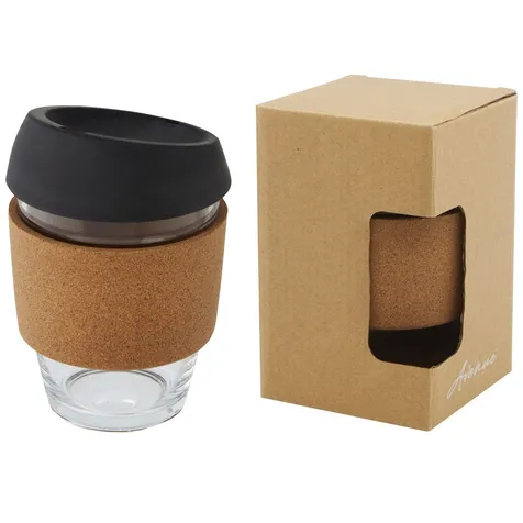 Lidan borosilicaat glazen beker van 360 ml met kurken grip en siliconen deksel