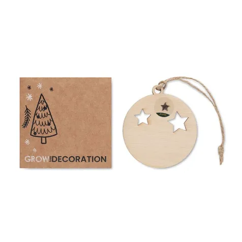 Houten bolvormige decoratiehanger met jute koord inclusief sparrenzaadjes