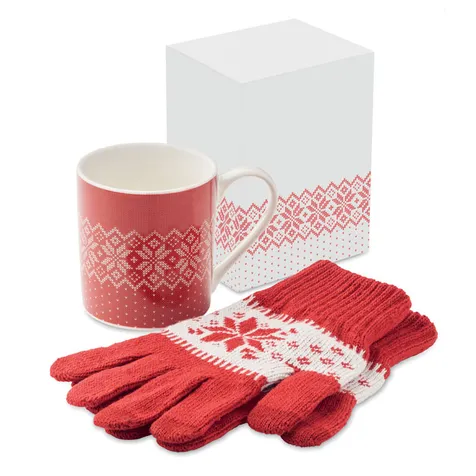 Wintercadeauset met gebreide handschoenen met sneeuwvlokkenpatroon en keramische mok