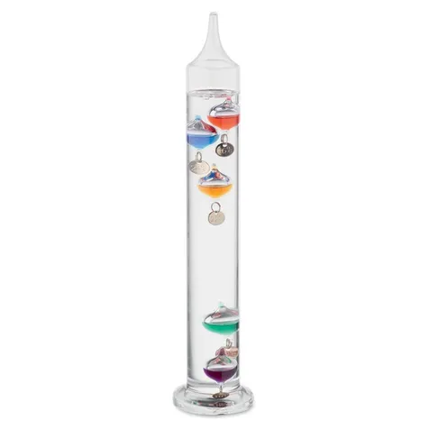 Galileo thermometer van glas met vijf gekleurde drijvende bollen