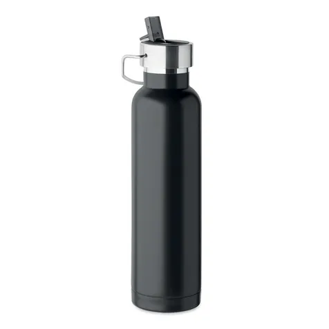 Dubbelwandige vacuüm isolerende fles van gerecycled roestvrij staal (90% gerecycled roestvrij staal en 10% roestvrij staal) met ingebouwd rietje en handgreep dop
