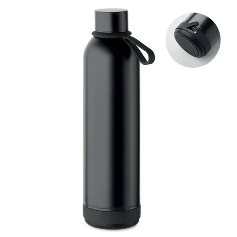 Dubbelwandige vacuüm isolerende fles van gerecycled roestvrij staal (90% gerecycled roestvrij staal en 10% roestvrij staal) en siliconen handvat met afneembare 3W draadloze speaker