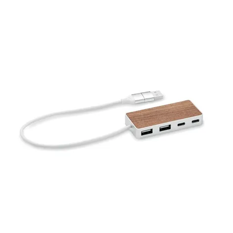 4-poorts USB-hub in gerecyclede aluminium behuizing en walnoten topdetail