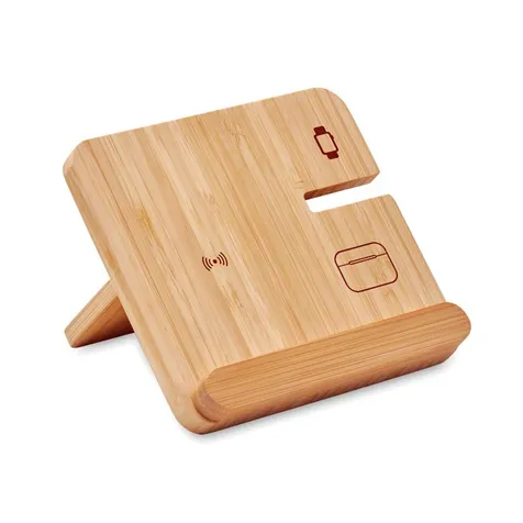 3-in-1 opvouwbaar oplaadstation in bamboe behuizing en telefoonstandaard