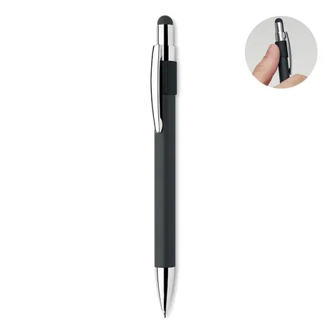 Stylus drukknop balpen van gerecycled aluminium met anti-stress spinner functionaliteit