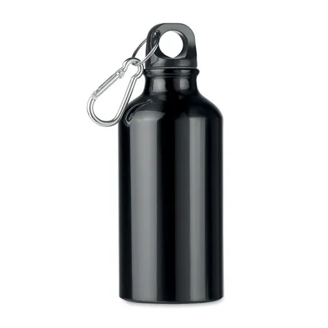 Enkelwandige aluminium drinkfles met draaidop en karabijnhaak.  400 ml. De karabijnhaak is niet geschikt als klimgereedschap. Sublimatie bedrukking alleen geschikt op het witte item. Lekvrij.