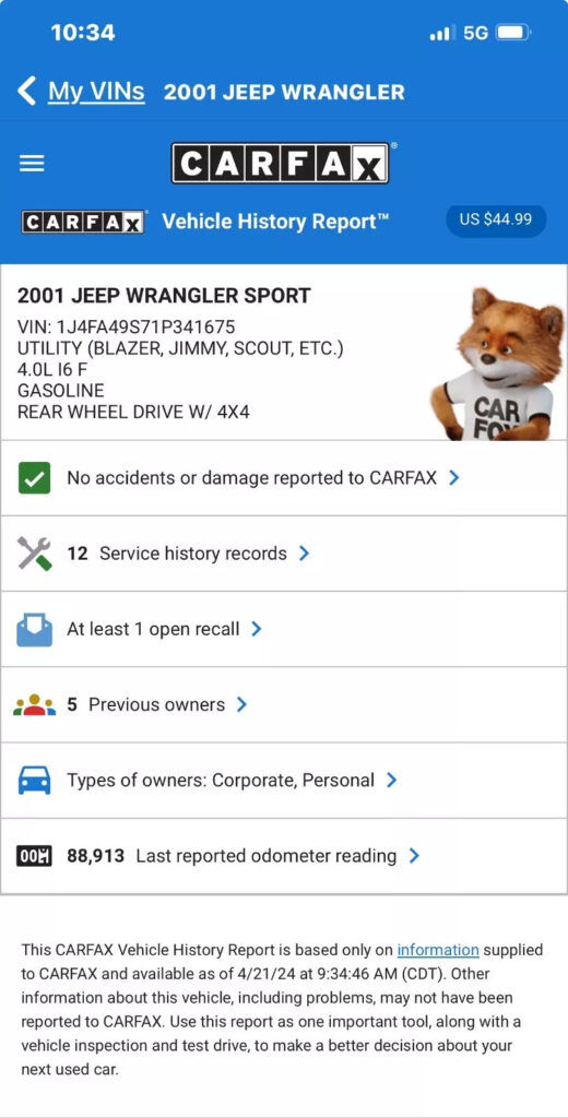 2001 Jeep Wrangler Sport Clean Carfax 92,000