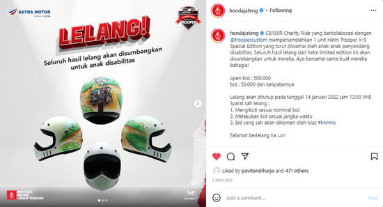 Honda Jateng And Trooper Custom Gelar Program Lelang Helm Untuk Bantu