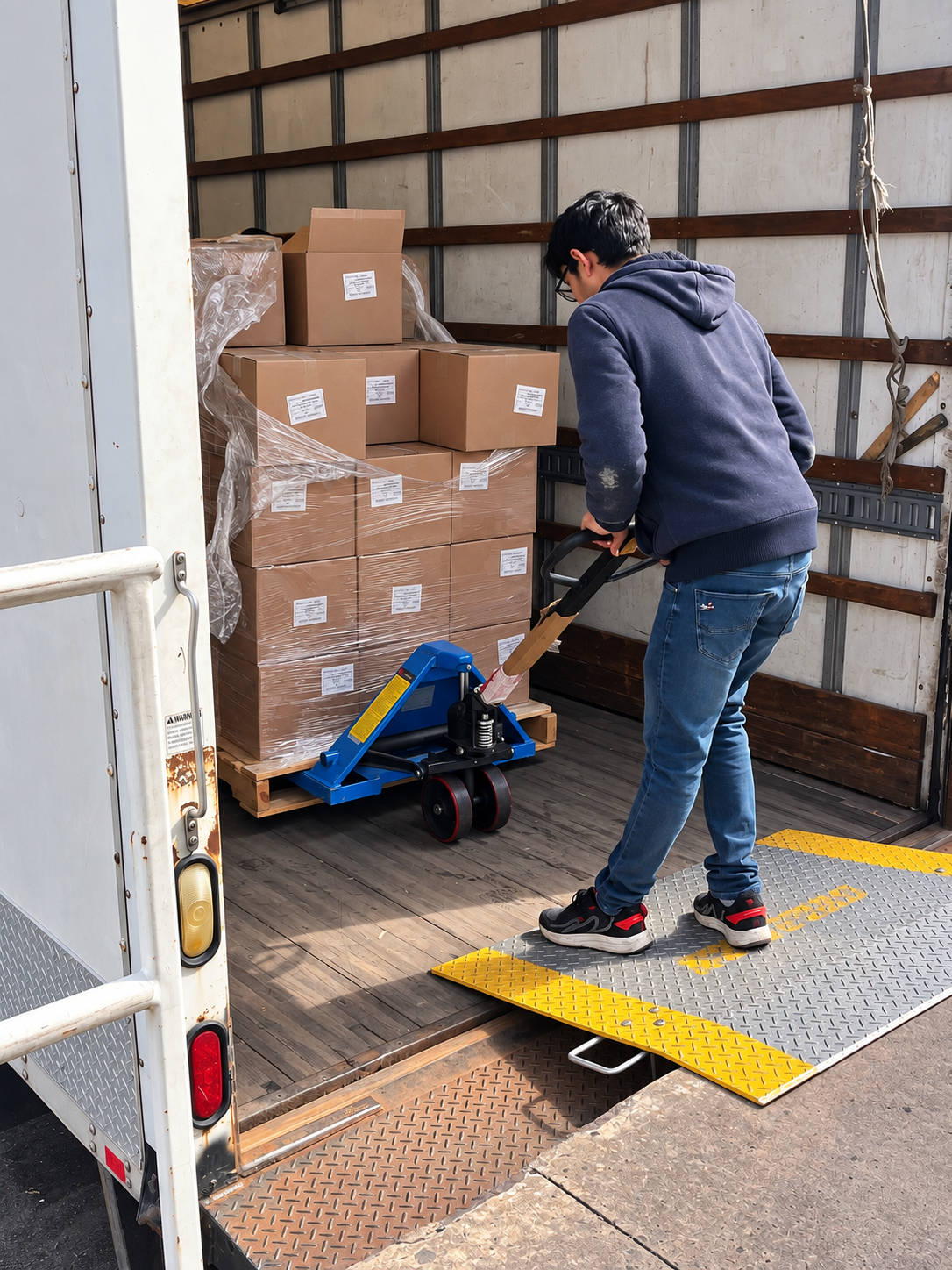 We roll pallets from the dock plate right into the truck.