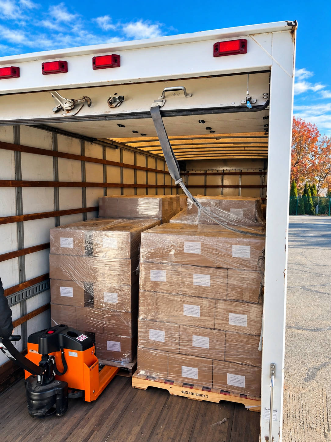 Wrapped pallets loaded and ready to roll, with the pallet jack on board.