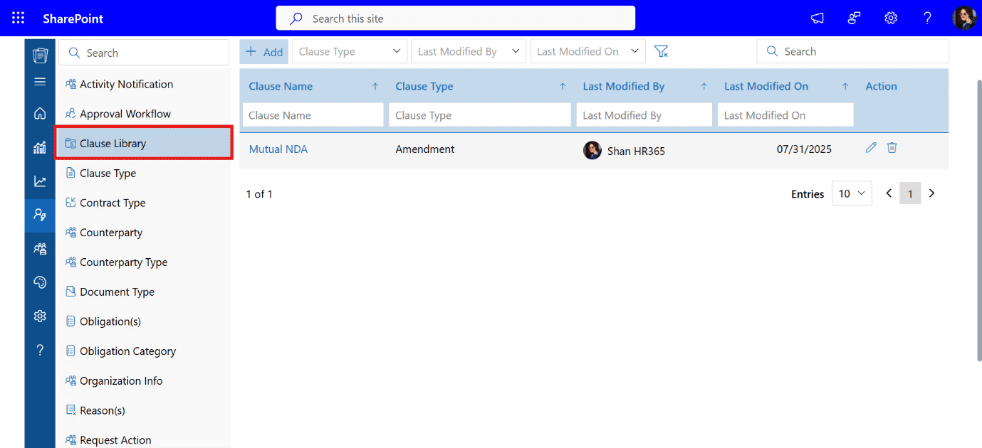 SharePoint contract management system