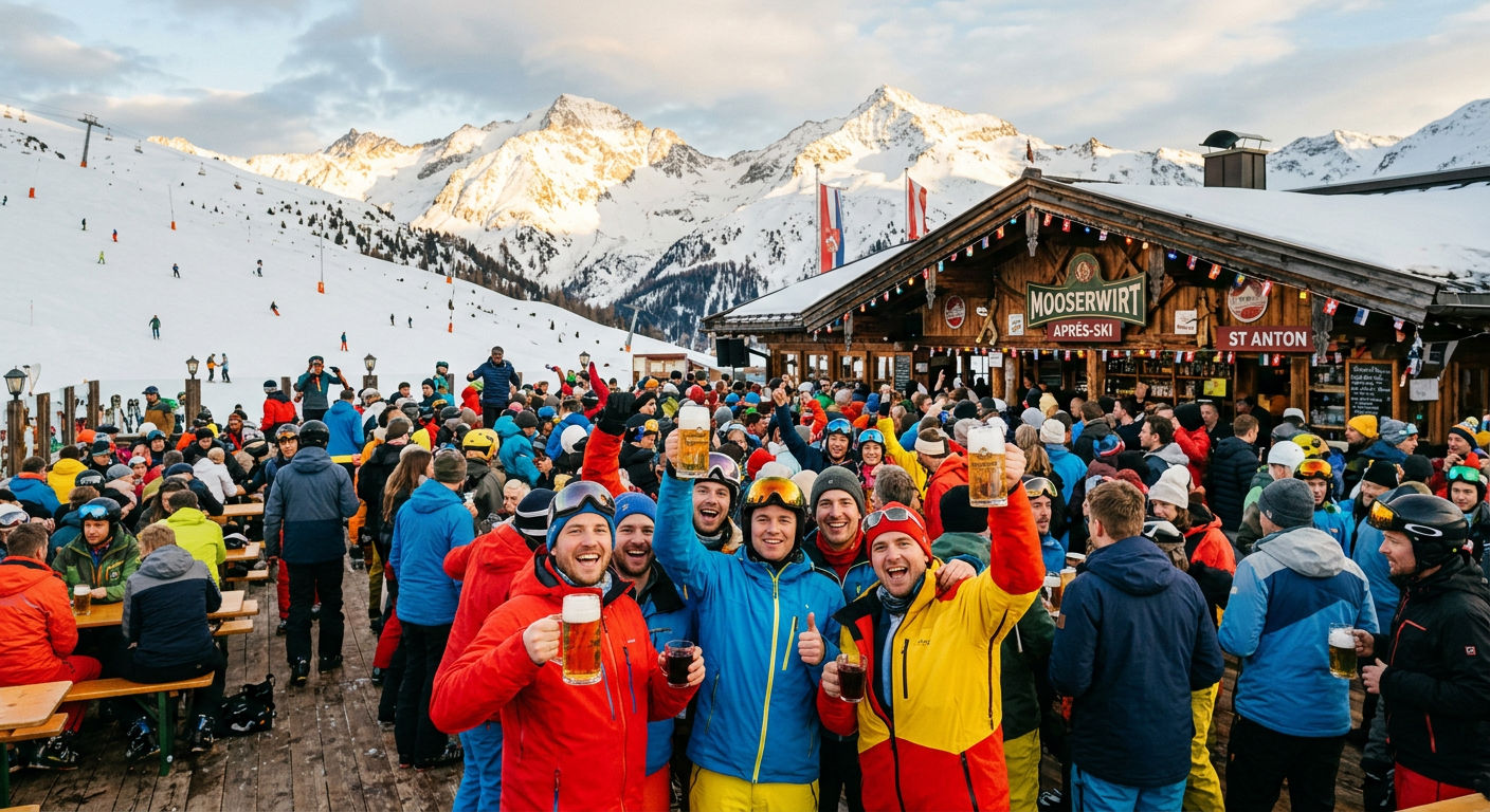 Lively Austrian apres ski terrace with skiers in colourful gear, beer steins, and Alpine mountains in late afternoon sun