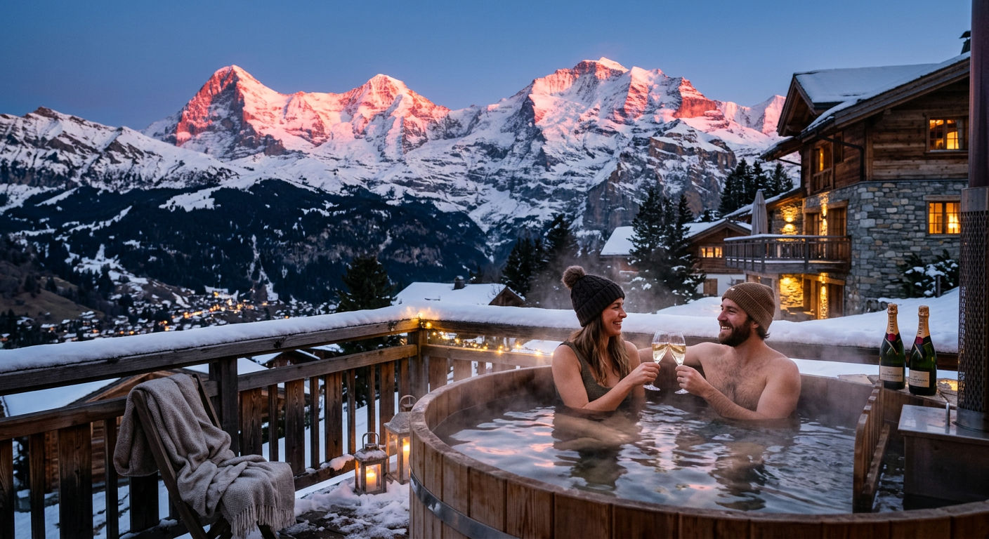 Outdoor hot tub on a luxury chalet terrace with steam rising and alpenglow on snow-covered Alpine peaks at dusk