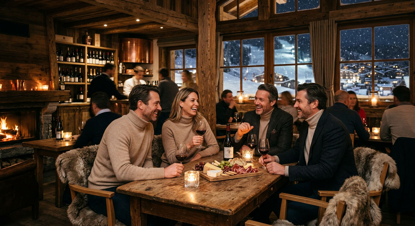 Interior of a refined Alpine wine bar with warm wood paneling, candlelight, and guests sharing cheese and wine