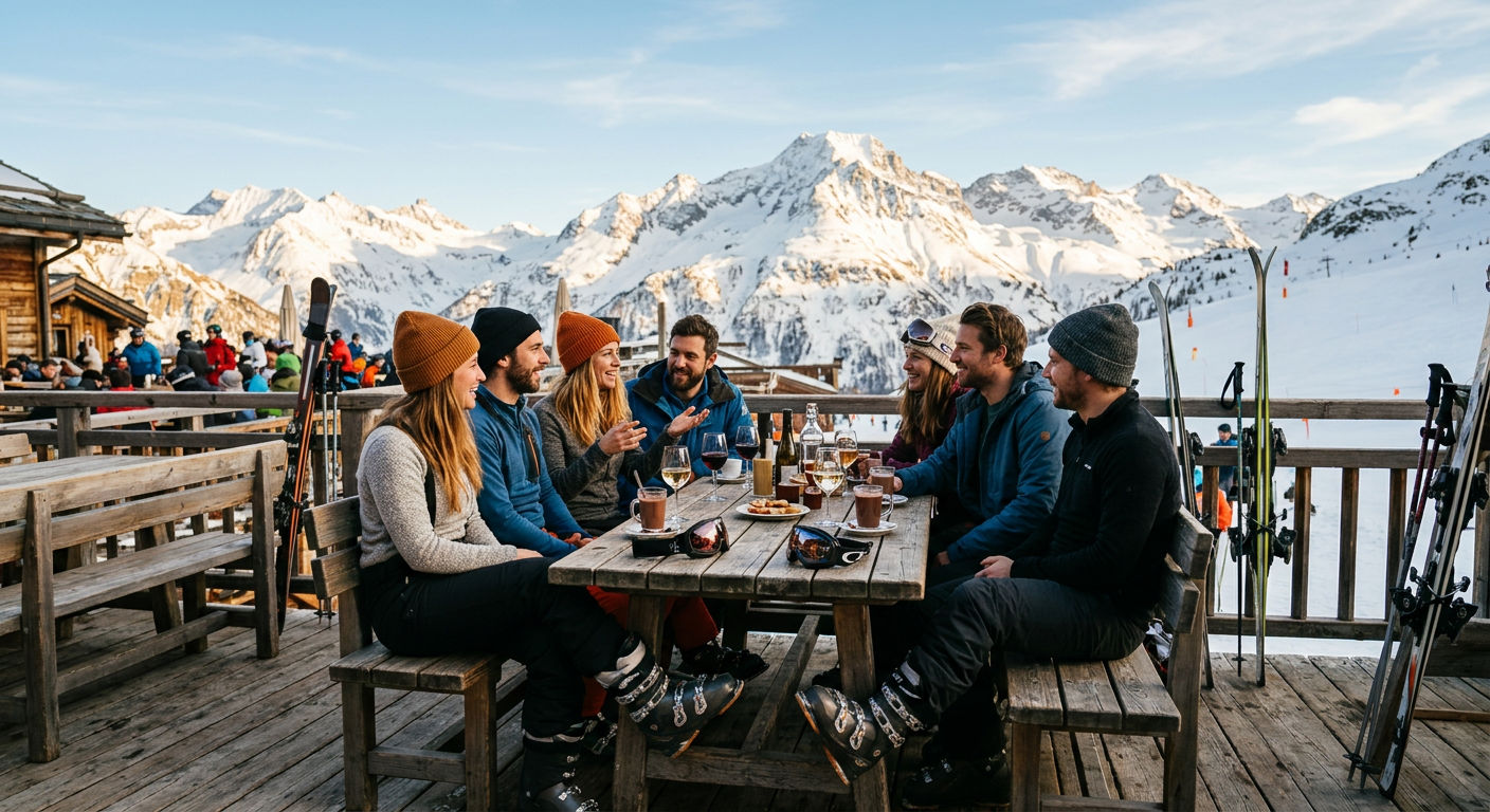 Skiers gathered on a sun-drenched terrace at a mountain restaurant with boots unbuckled and drinks in hand